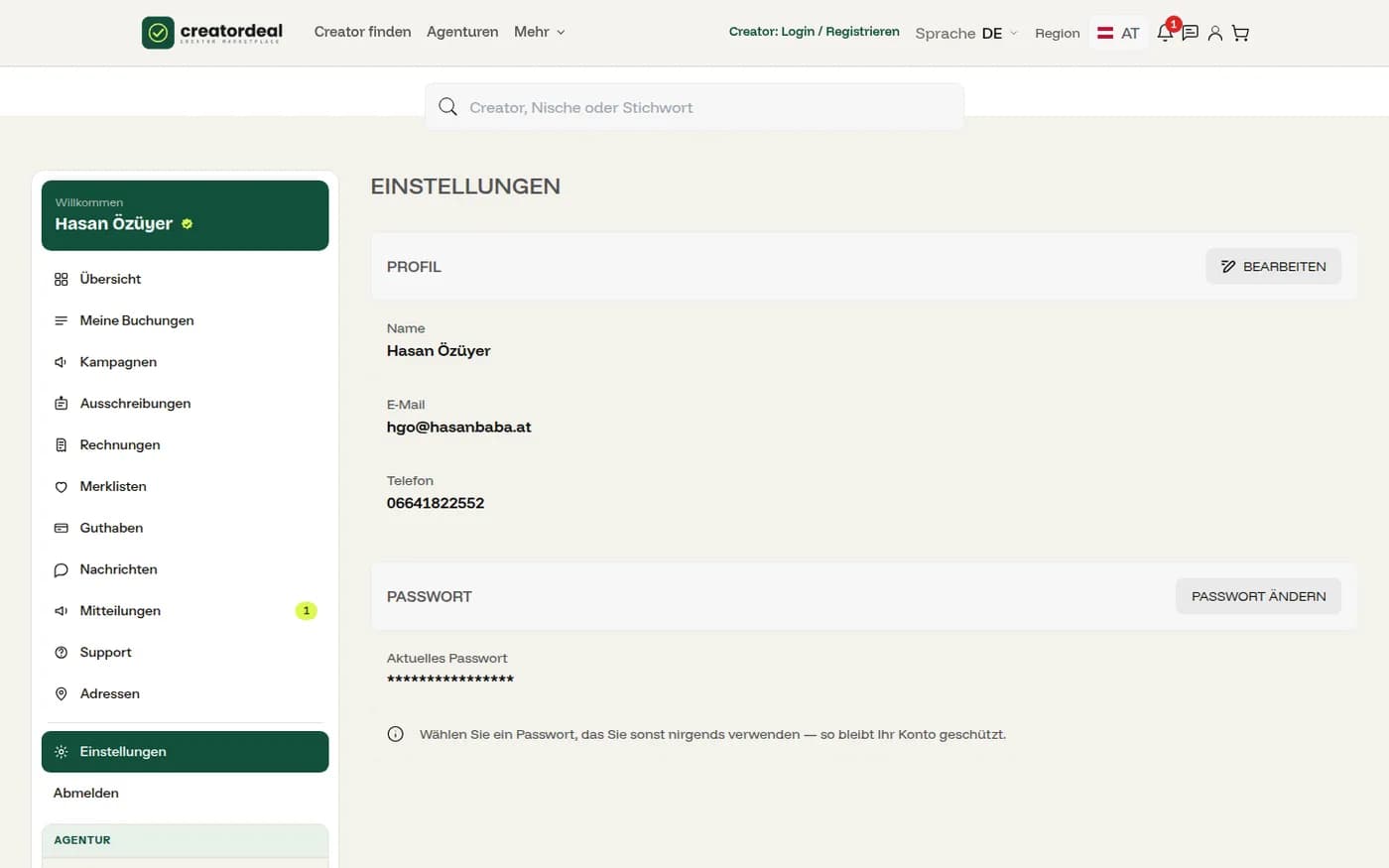 Profile and password