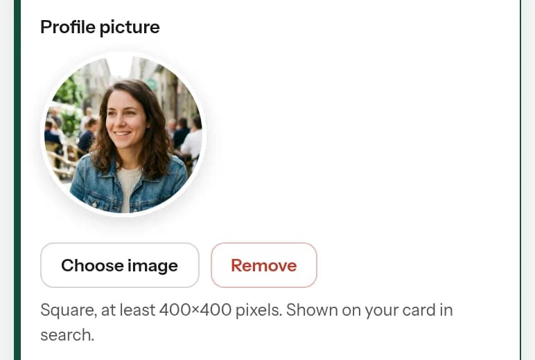 Creator area: the profile picture field with the note “Square, at least 400×400 pixels”