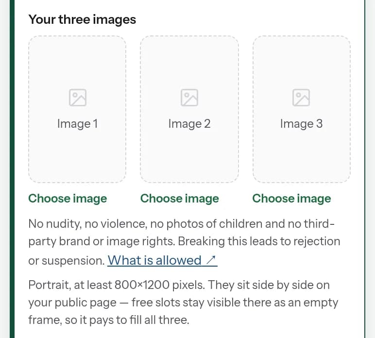 Creator area: the three picture slots “Picture 1”, “Picture 2” and “Picture 3” with the note about portrait format