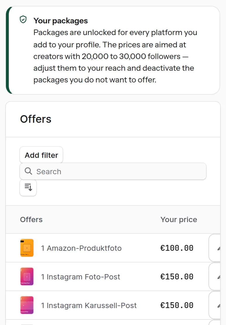 Creator area: the note above the package list and the first packages with their prices