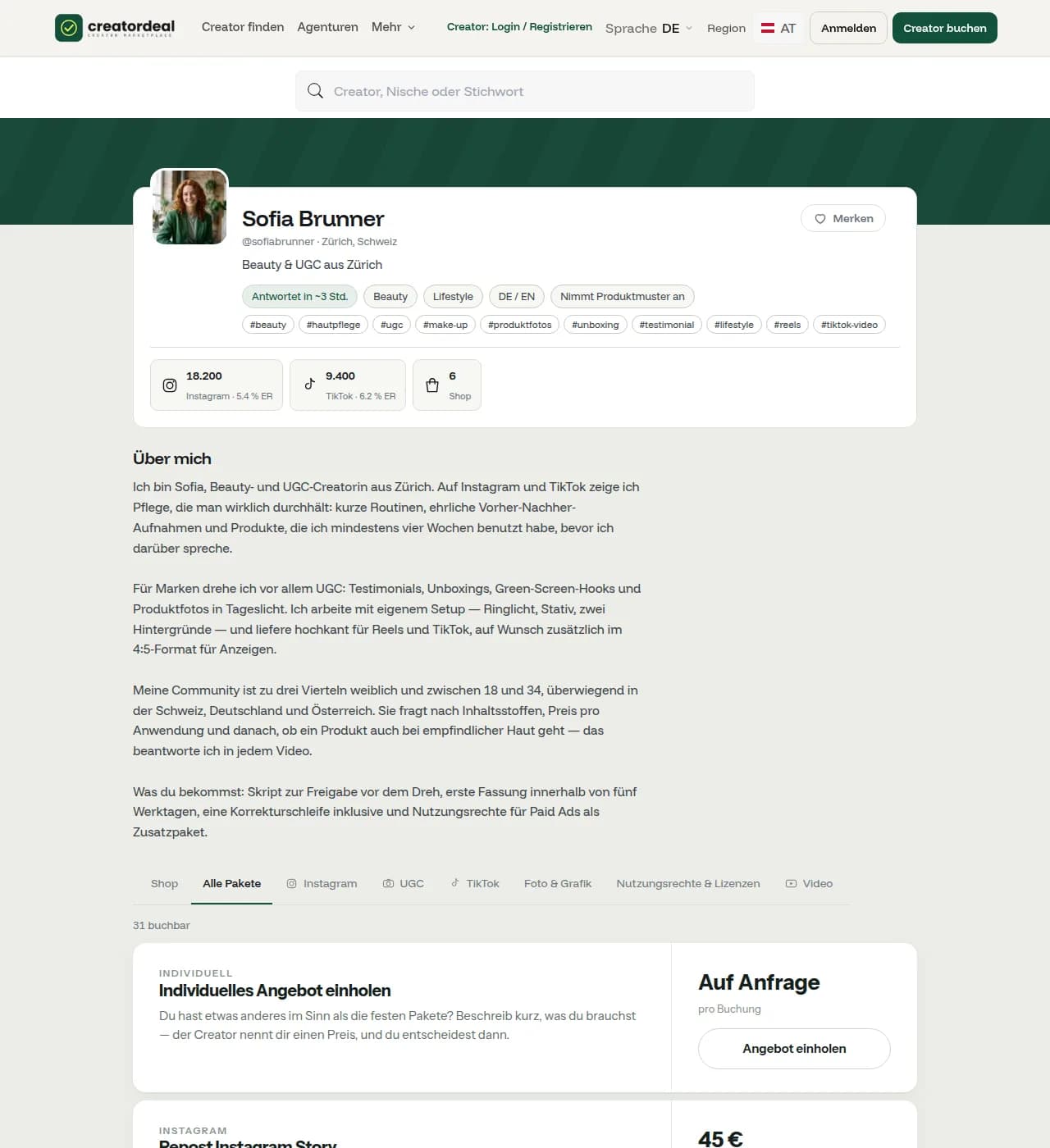 Public creator profile on creatordeal showing channels, reach, niches and bookable packages with fixed prices