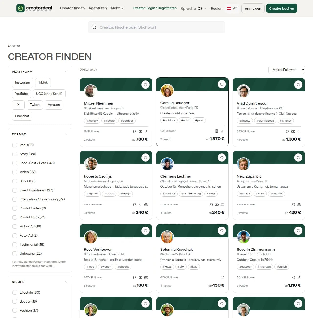 Creator search on creatordeal with filters for platform, format and niche and a result list showing follower counts and prices