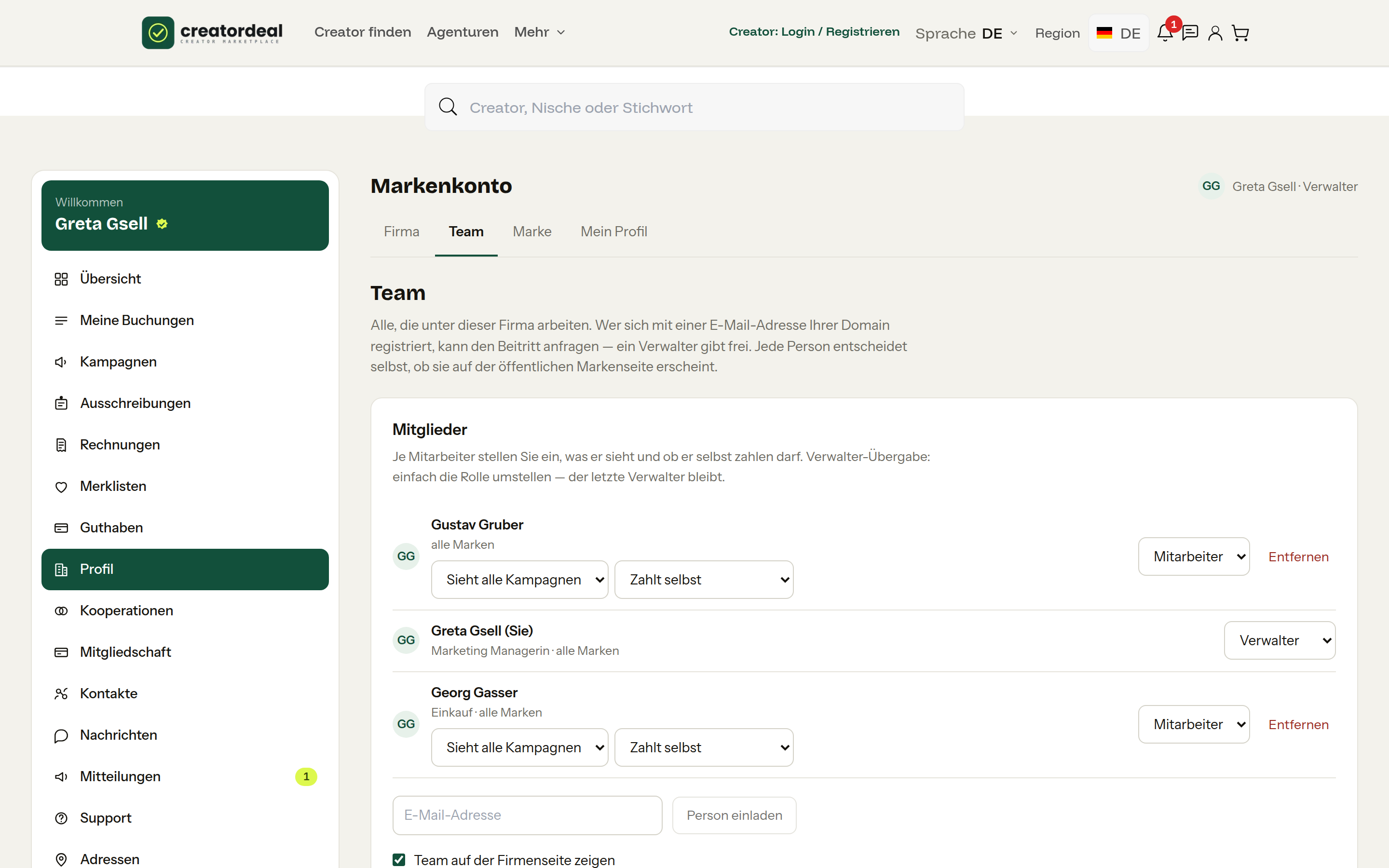 Brand account: team with members, admin and staff roles, payment rights
