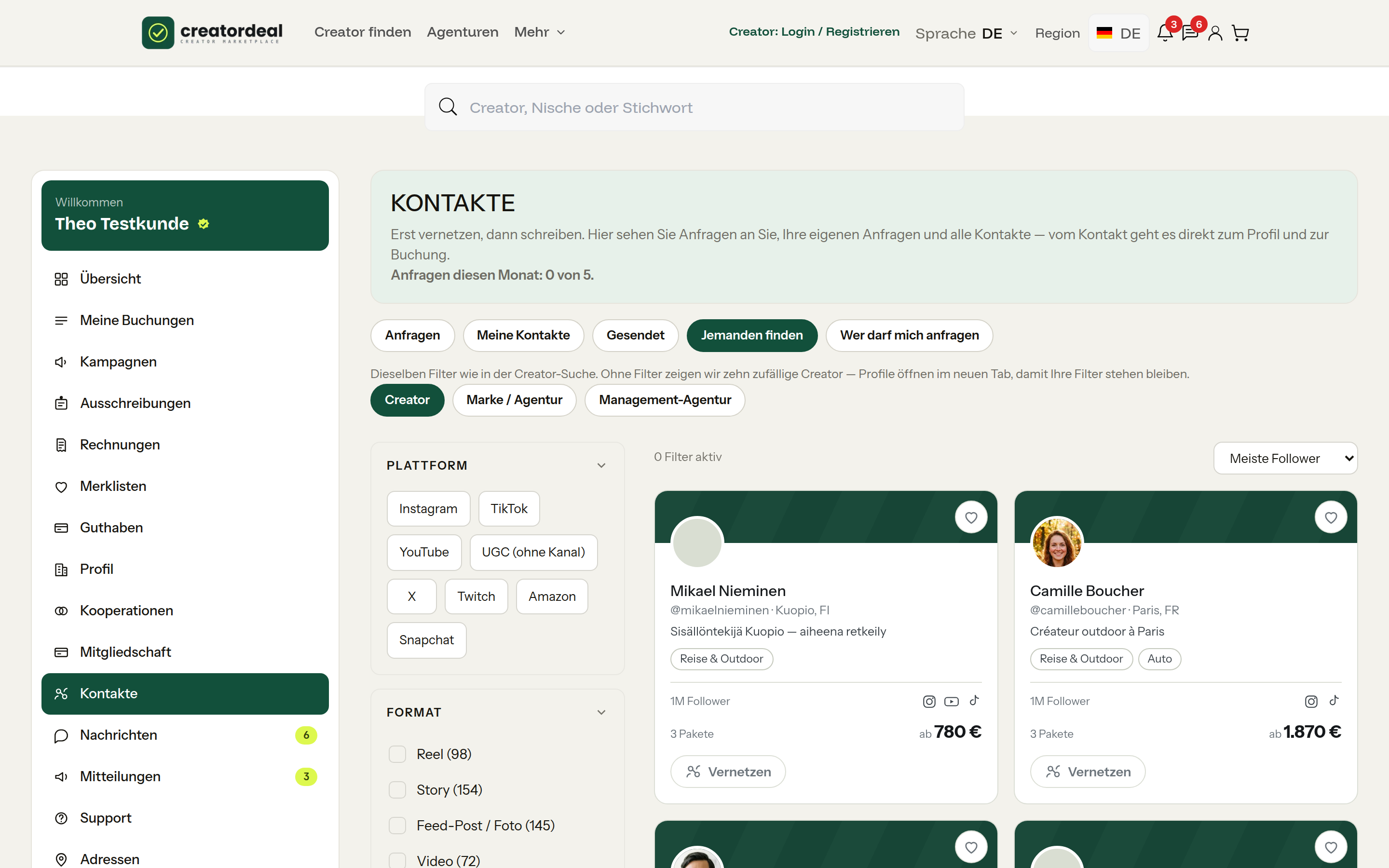 Client account: contacts, find someone — creator cards with connect button