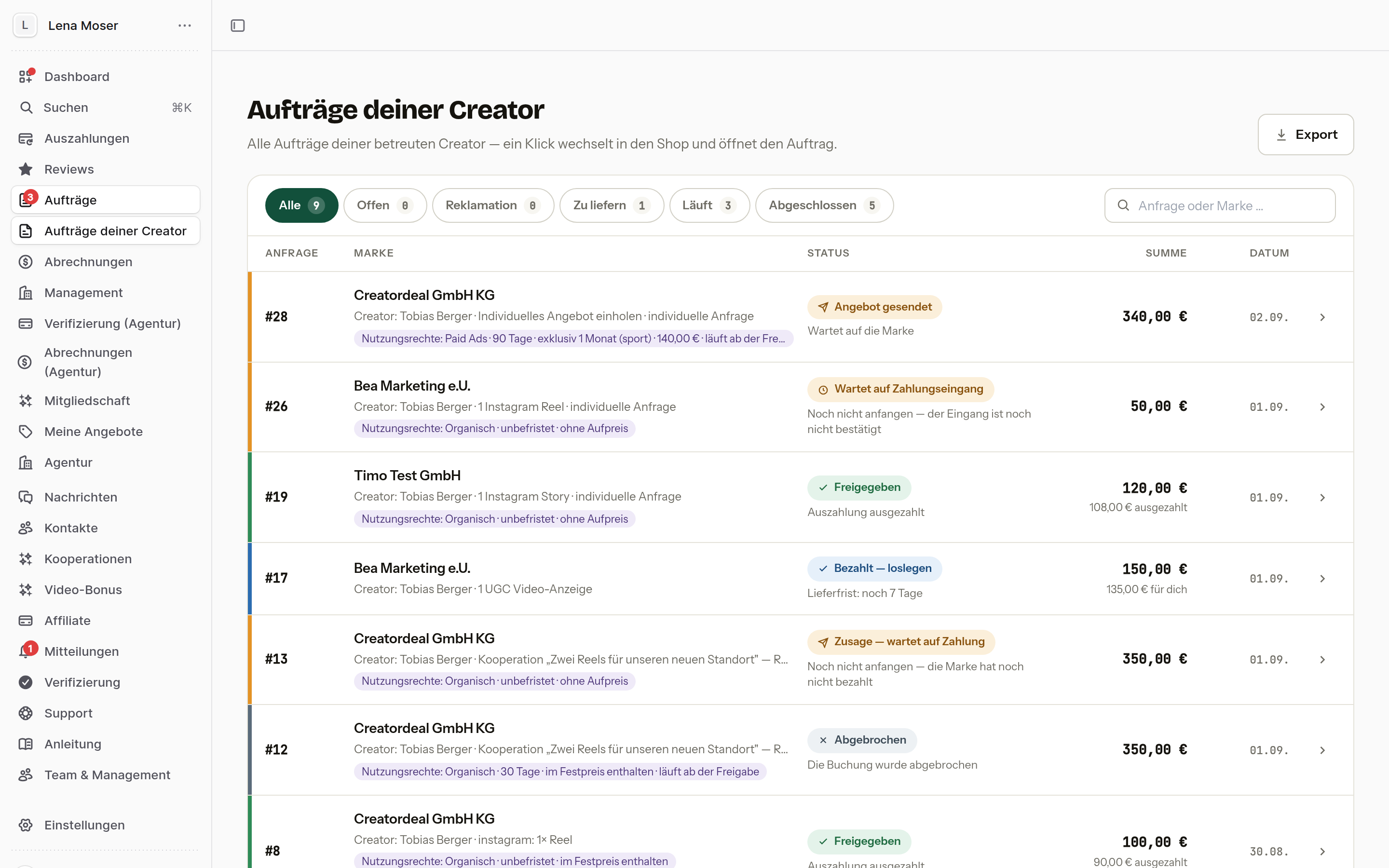 Panel: your creators' orders — status column, totals, filters