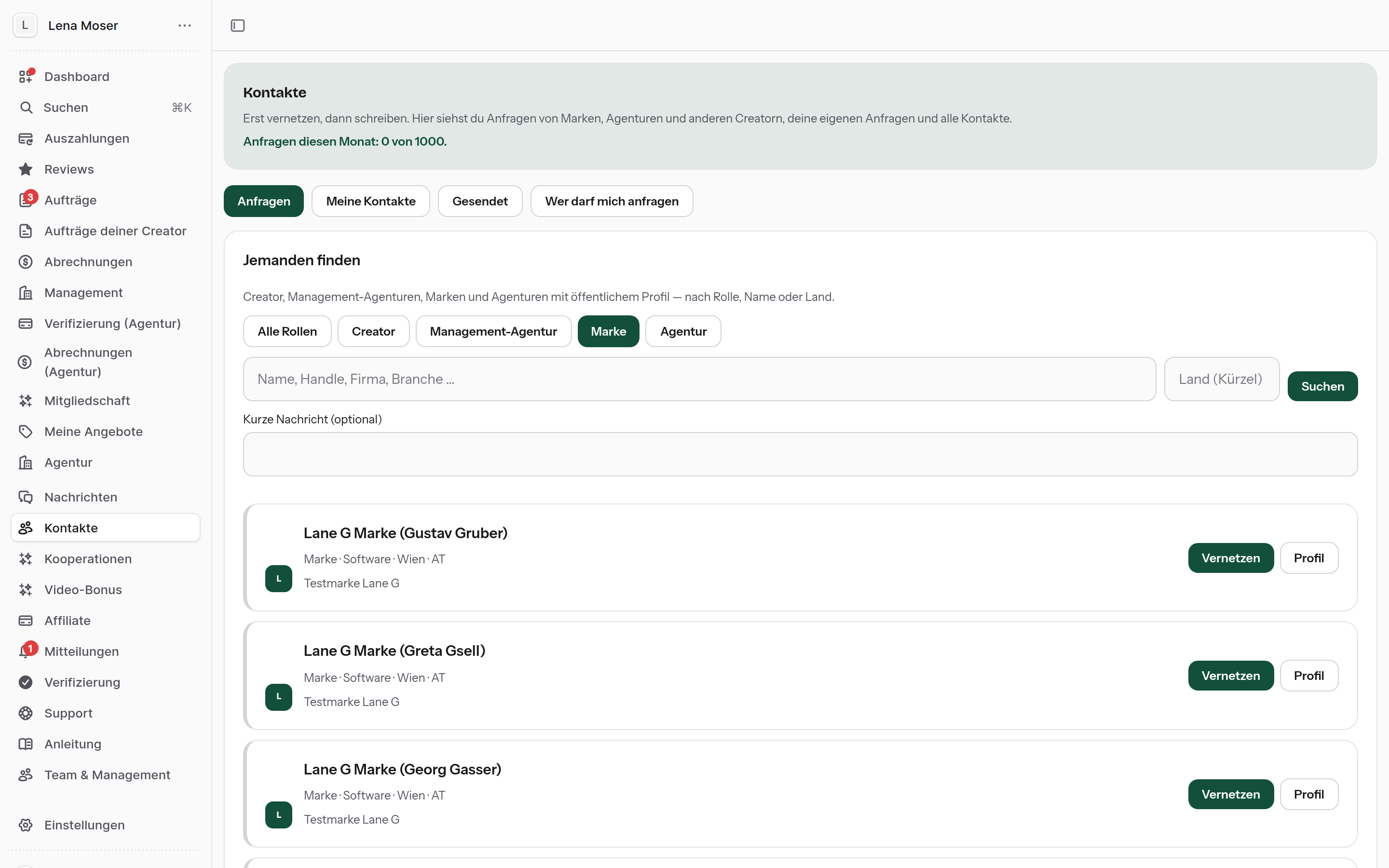 Creator panel: find someone with role filters and connect button